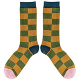 Men's Khaki & Ginger Battenburg Check Organic Cotton Ankle Socks