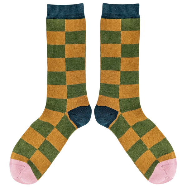 Men's Khaki & Ginger Battenburg Check Organic Cotton Ankle Socks