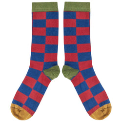 Men's Red & Navy Battenburg Check Organic Cotton Ankle Socks