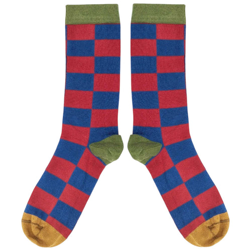 Men's Organic Cotton Ankle Socks - Red & Navy Big Check