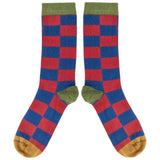 Men's Red & Navy Battenburg Check Organic Cotton Ankle Socks