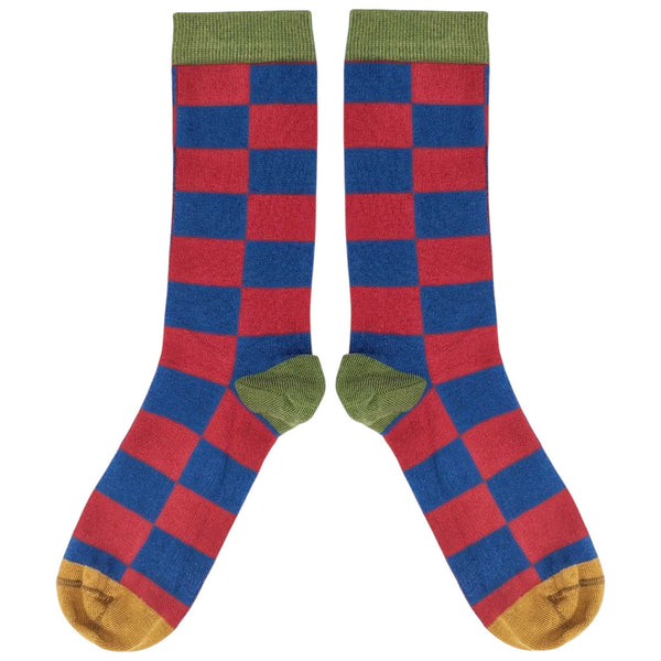Men's Red & Navy Battenburg Check Organic Cotton Ankle Socks