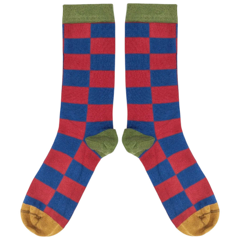 Men's Red & Navy Battenburg Check Organic Cotton Ankle Socks