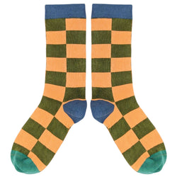 Women's Khaki & Peach Battenburg Check Organic Cotton Ankle Socks
