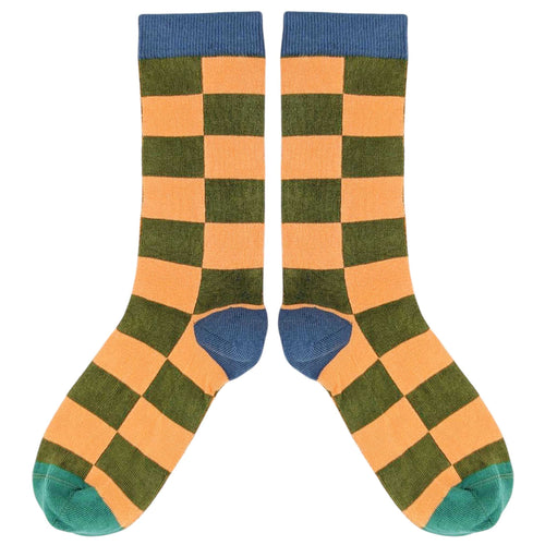 Women's Organic Cotton Ankle Socks - Khaki & Peach Big Check Pattern