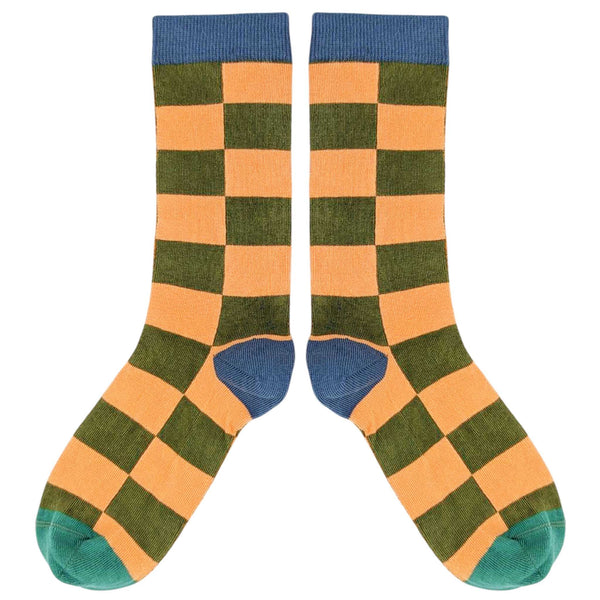 Women's Khaki & Peach Battenburg Check Organic Cotton Ankle Socks