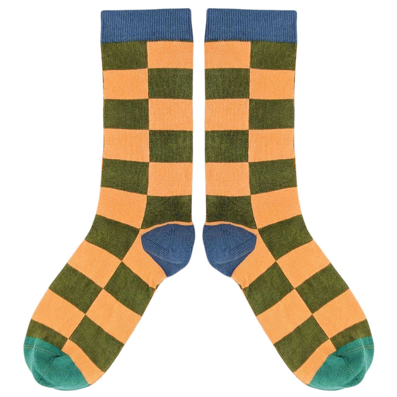 Women's Khaki & Peach Battenburg Check Organic Cotton Ankle Socks