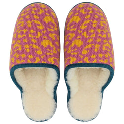 Pink & Yellow Leopard Print Lambswool & Sheepskin Slippers