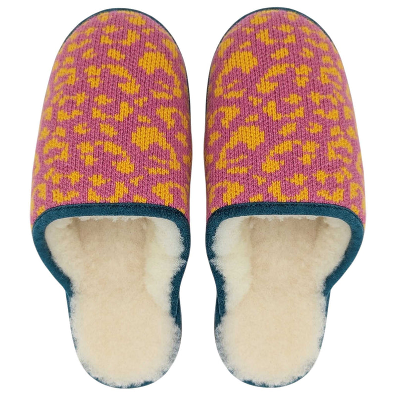 Pink & Yellow Leopard Print Lambswool & Sheepskin Slippers