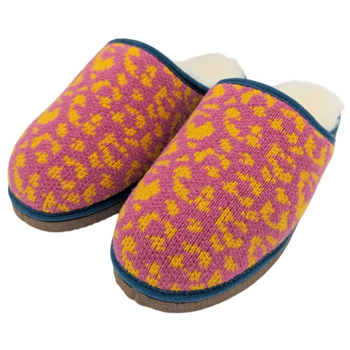 Pure Sheepskin Mule Slippers - Knitted Lambswool  Pink & Pumpkin Leopard Print
