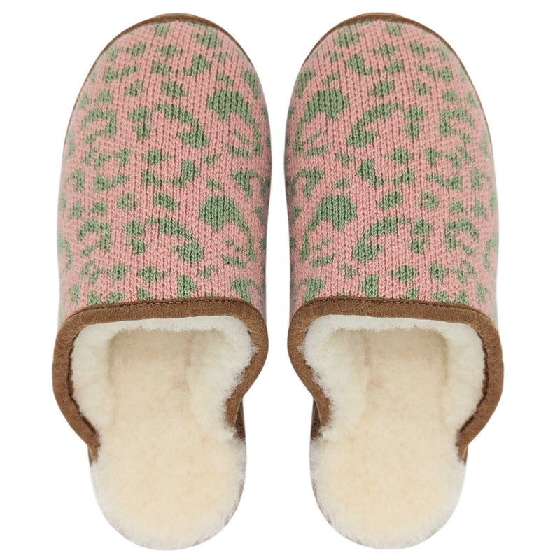 Pink & Mint Leopard Print Lambswool & Sheepskin Slippers