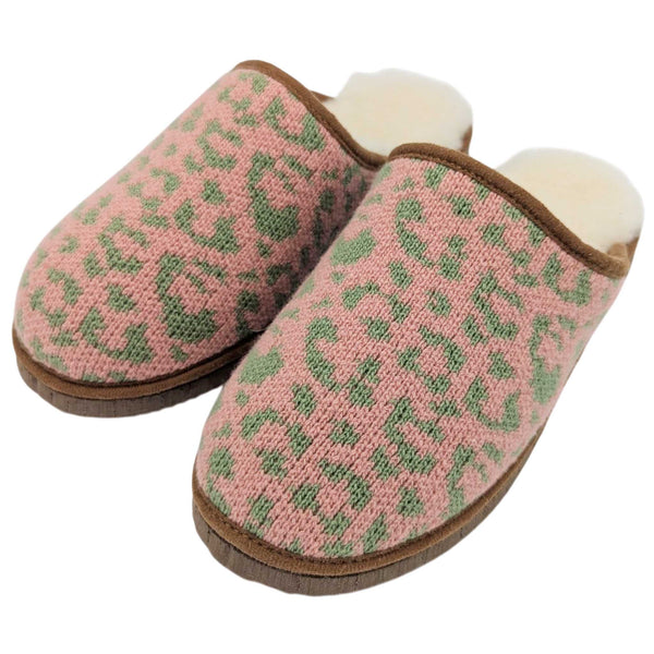 Pink & Mint Leopard Print Lambswool & Sheepskin Slippers