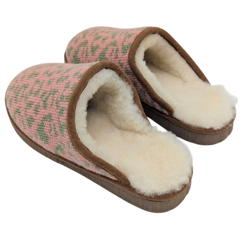 Pink & Mint Leopard Print Lambswool & Sheepskin Slippers