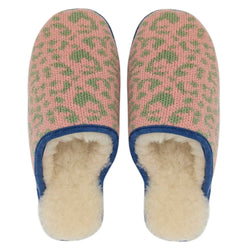 Pink & Mint Leopard Print Lambswool & Sheepskin Slippers