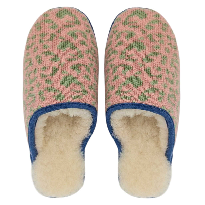 Pink & Mint Leopard Print Lambswool & Sheepskin Slippers