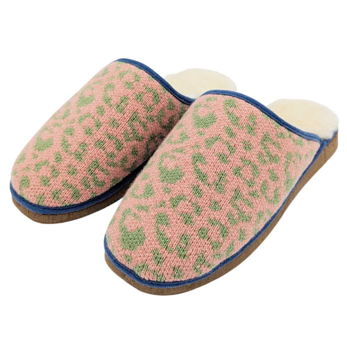 Pure Sheepskin Mule Slippers - Knitted Lambswool Pink & Mint Leopard Print