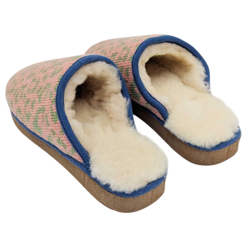 Pink & Mint Leopard Print Lambswool & Sheepskin Slippers