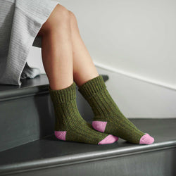 Unisex Recycled Silk Blend Chunky Socks - Dark Green & Pink