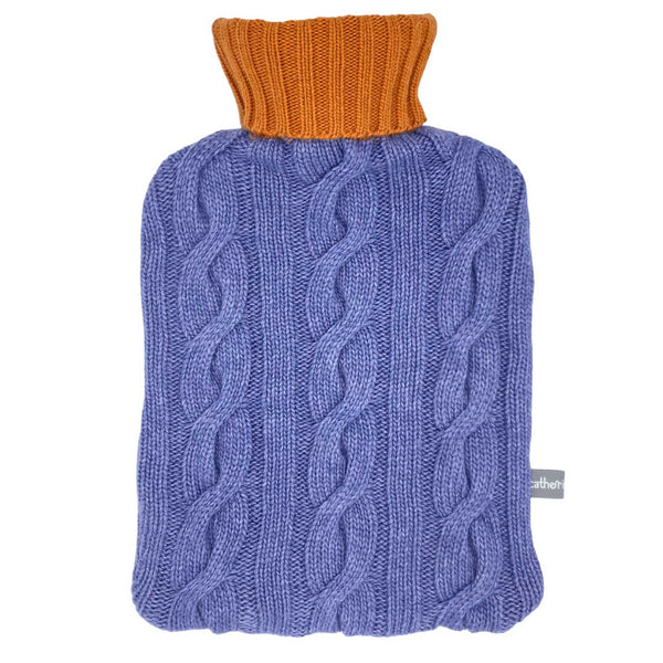 prple and orange cable knit hot water bottle  cover  made  from cashmere 