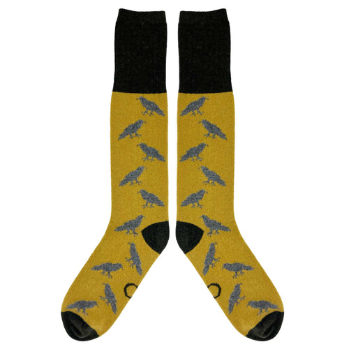 Men's Long Lambswool Socks - Lime Green Crows