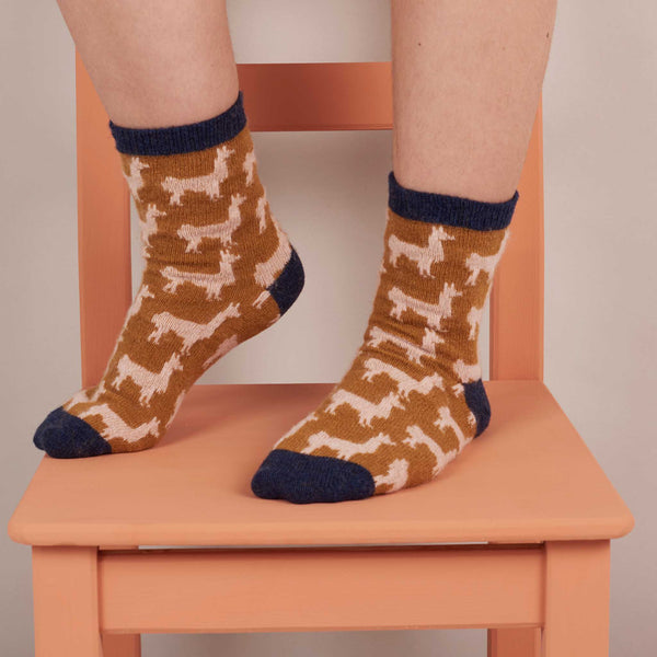 Ladies Mustard Llama Lambswool Ankle Socks
