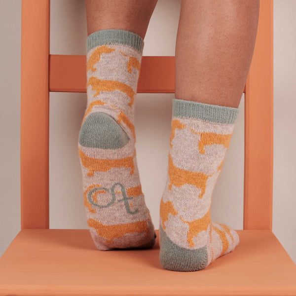 Ladies Oatmeal & Orange Sausage Dog Lambswool Ankle Socks