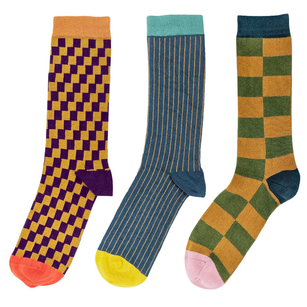 Mustard & Teal Pattern  - Pack of 3 Men's Organic Cotton Ankle Socks