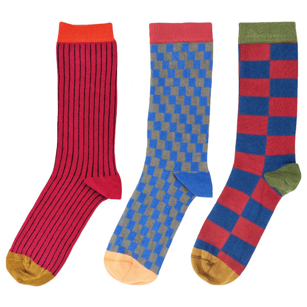 Red & Blue Pattern  - Pack of 3 Men's Organic Cotton Ankle Socks