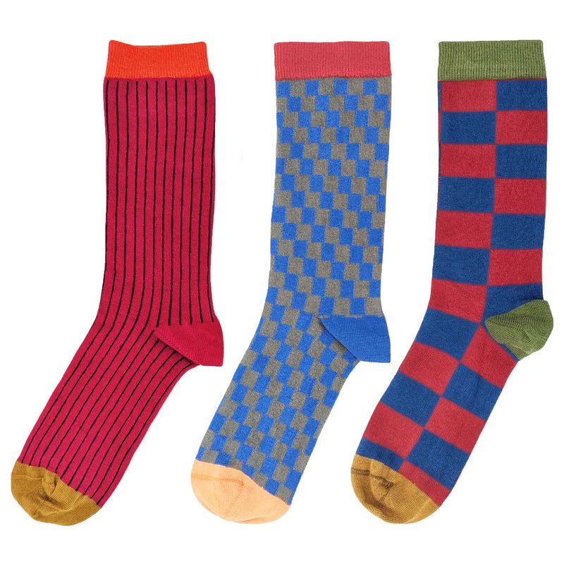 Red & Blue Pattern  - Pack of 3 Men's Organic Cotton Ankle Socks