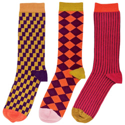Red & Aubergine Pattern  - Pack of 3 Men's Organic Cotton Ankle Socks