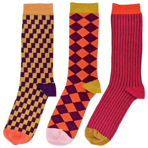 Pack of 3 Men's Organic Cotton Ankle Socks - Red & Aubergine Patterns