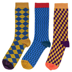 Mustard & Blue Pattern  - Pack of 3 Men's Organic Cotton Ankle Socks
