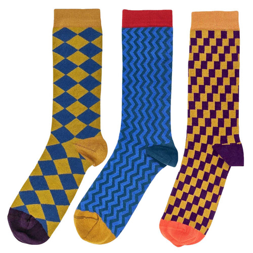 Pack of 3 Men's Organic Cotton Ankle Socks - Mustard & Blue Patterns