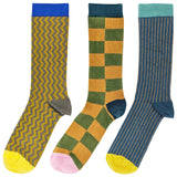 Green & Teal Pattern  - Pack of 3 Men's Organic Cotton Ankle Socks