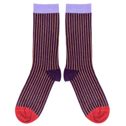 Catherine Tough Men's Organic Cotton Ankle Socks - Aubergine & Ginger Pinstripe Pattern