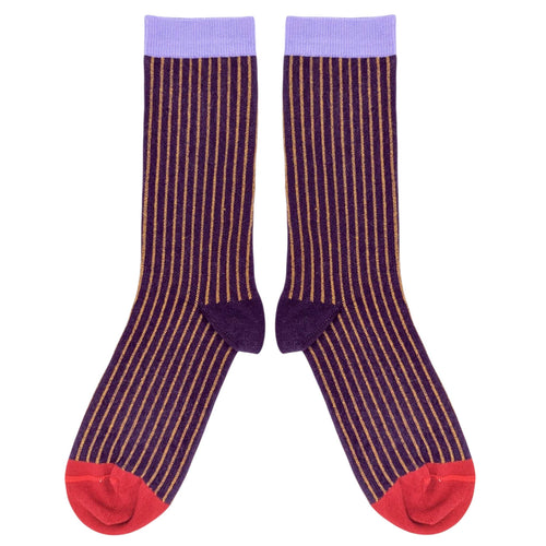 Men's Organic Cotton Ankle Socks - Aubergine & Ginger Pinstripe Pattern