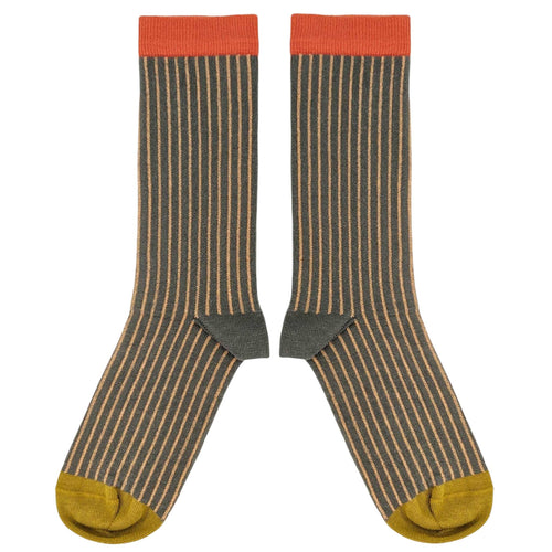 Men's Organic Cotton Ankle Socks - Grey & Peach Pinstripe