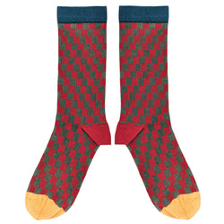 Men's Organic Cotton Ankle Socks - Grey & Red Check Pattern