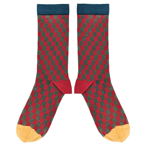 Men's Organic Cotton Ankle Socks - Grey & Red Check Pattern
