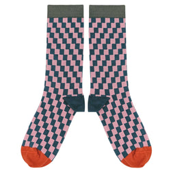 Catherine Tough Men's Organic Cotton Ankle Socks - Teal & Pink Check Pattern