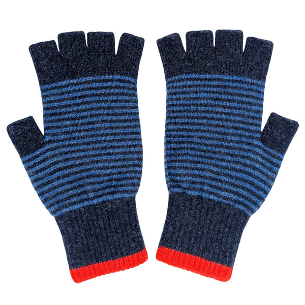 Unisex Navy stripe Lambswool Fingerless Gloves