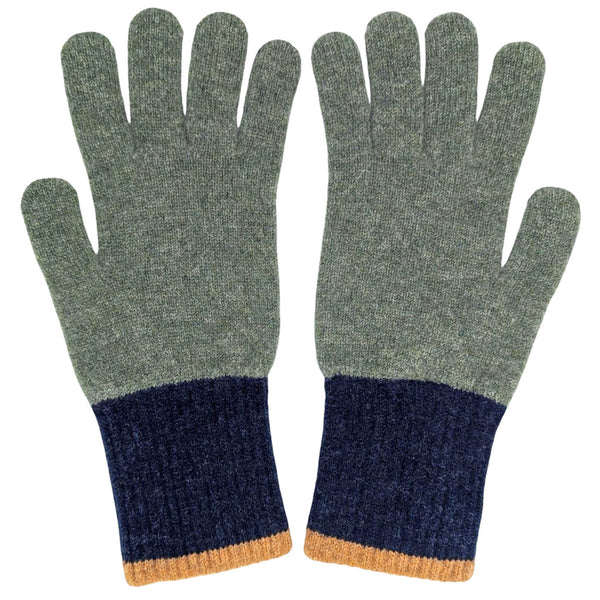 Men's Green & Navy Colour Block Lambswool Gloves