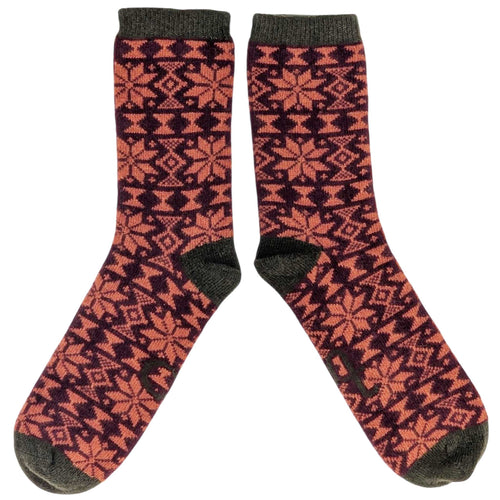 Men's Soft Lambswool Ankle Socks - Plum & Orange Fair Isle Pattern