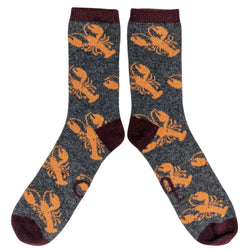 Men's Soft Lambswool Ankle Socks - Grey & Peach Lobster