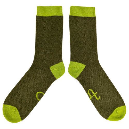 Men's Soft Lambswool Ankle Socks - Plain Khaki & Lime