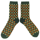 Men's Soft Lambswool Ankle Socks - Green & Mustard Check Pattern