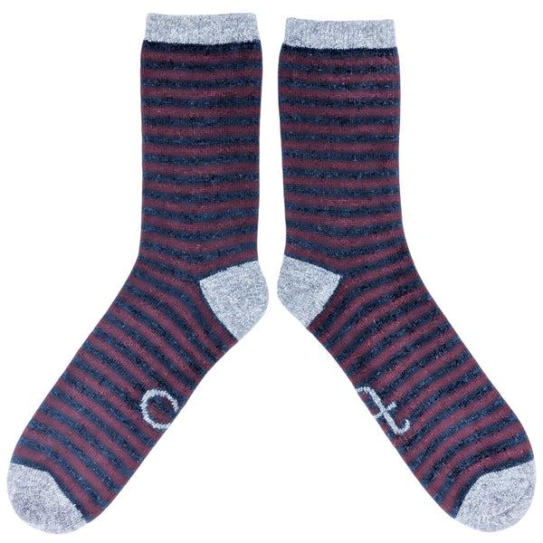 Men's  Plum & Navy Stripe Lambswool Ankle Socks