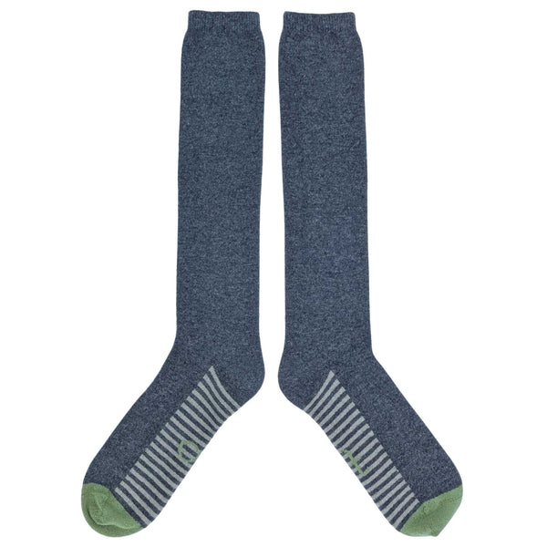 Pair of blue knee-high socks with green toes and heels on a white background