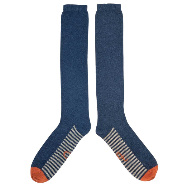 Pair of blue knee-high socks with orange toes and heel on a white background