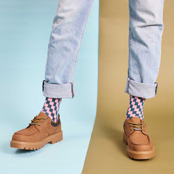 Men's Organic Cotton Ankle Socks - Teal & Pink Check Pattern